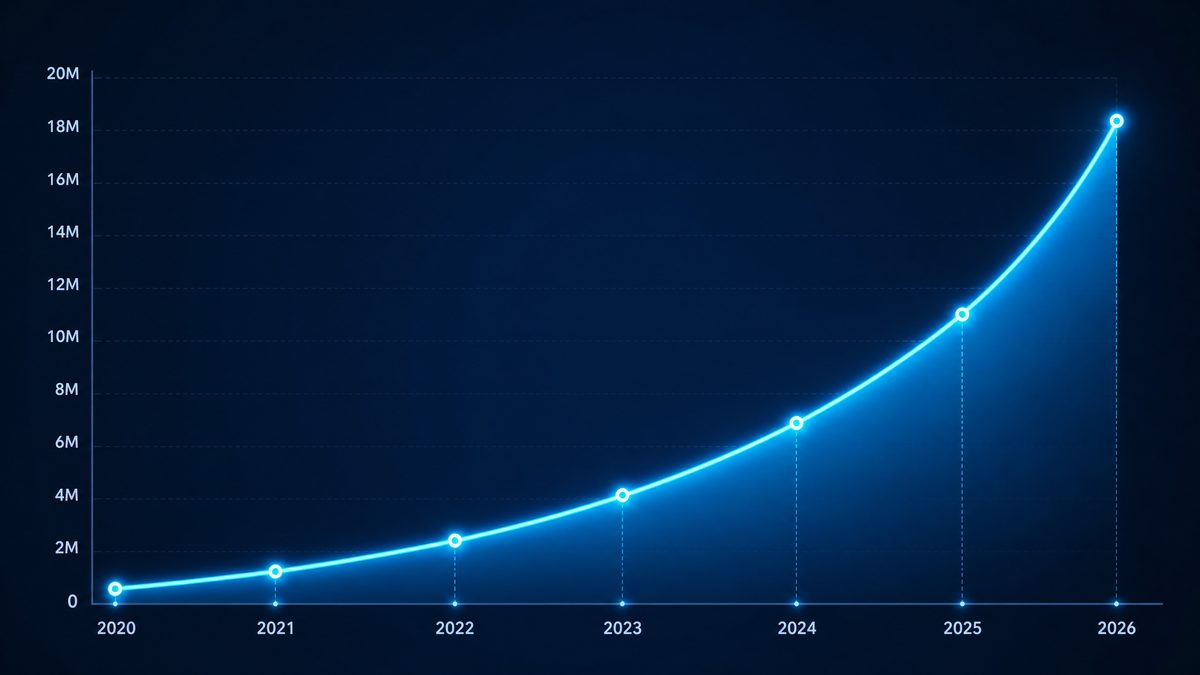 电影网用户增长数据图表,展示2020-2026年注册用户从50万增长至1800万的趋势